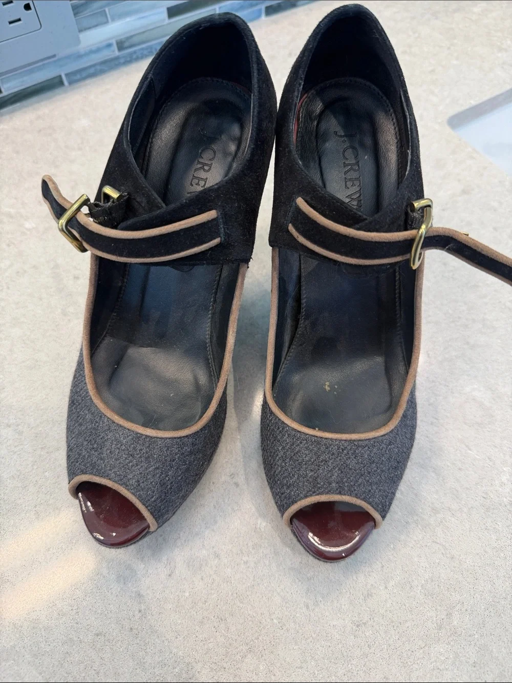 Rare J. Crew Collection Gray and Black Peep Toe Platform Heels with Ankle Strap